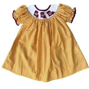 De Da Coutures LSU Tiger Smocked‎ Bishop Dress Yellow Purple Polka Dot 12M